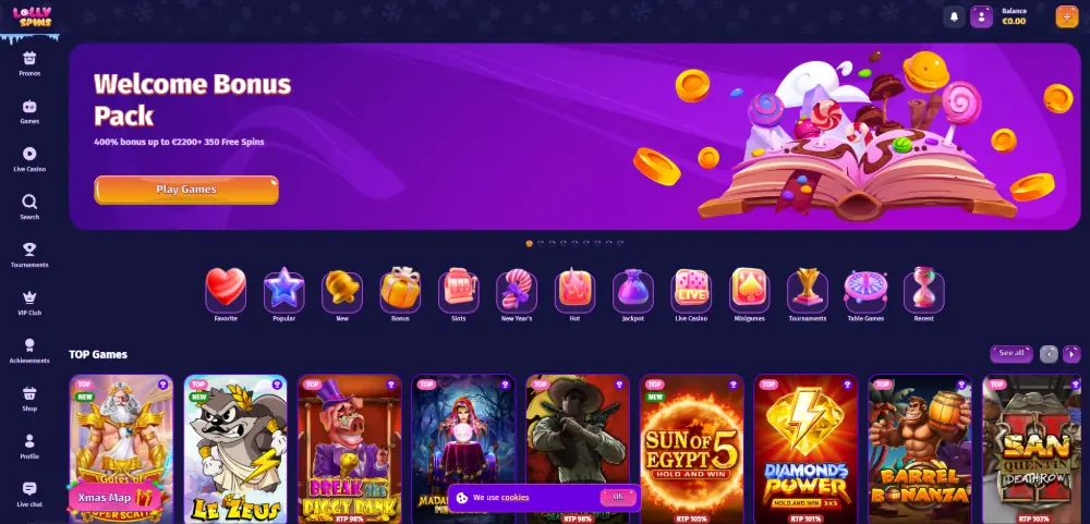 Lolly Spins Casino lobby on desktop
