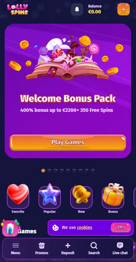 Lolly Spins Casino lobby displayed on mobile phone