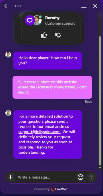 Lolly Spins Casino support chat where agent directs us to email about license information instead of showing where it's located on website - January 2026