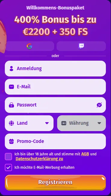 Lolly Spins Casino registration window showing quick signup form