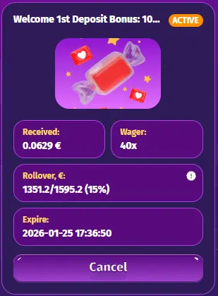 Lolly Spins Casino wagering progress showing 15% completion when balance depleted