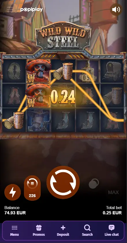 Lolly Spins Casino Wild Wild Steel slot by Popiplay showing 96% RTP