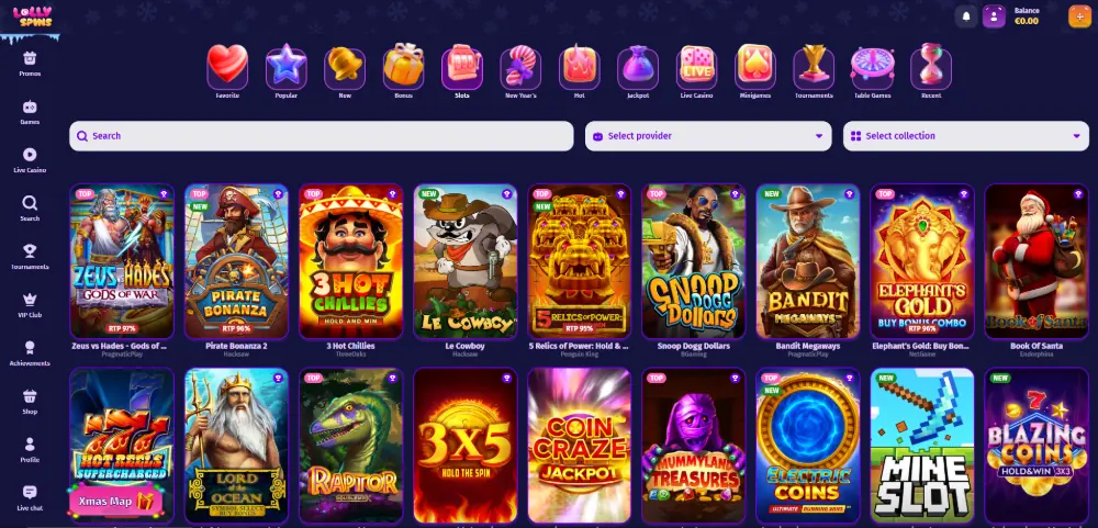 Lolly Spins Casino slots page displayed on desktop