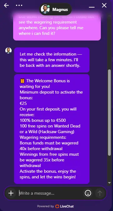 Lolly Spins Casino live chat support conversation showing wagering requirement inquiry response