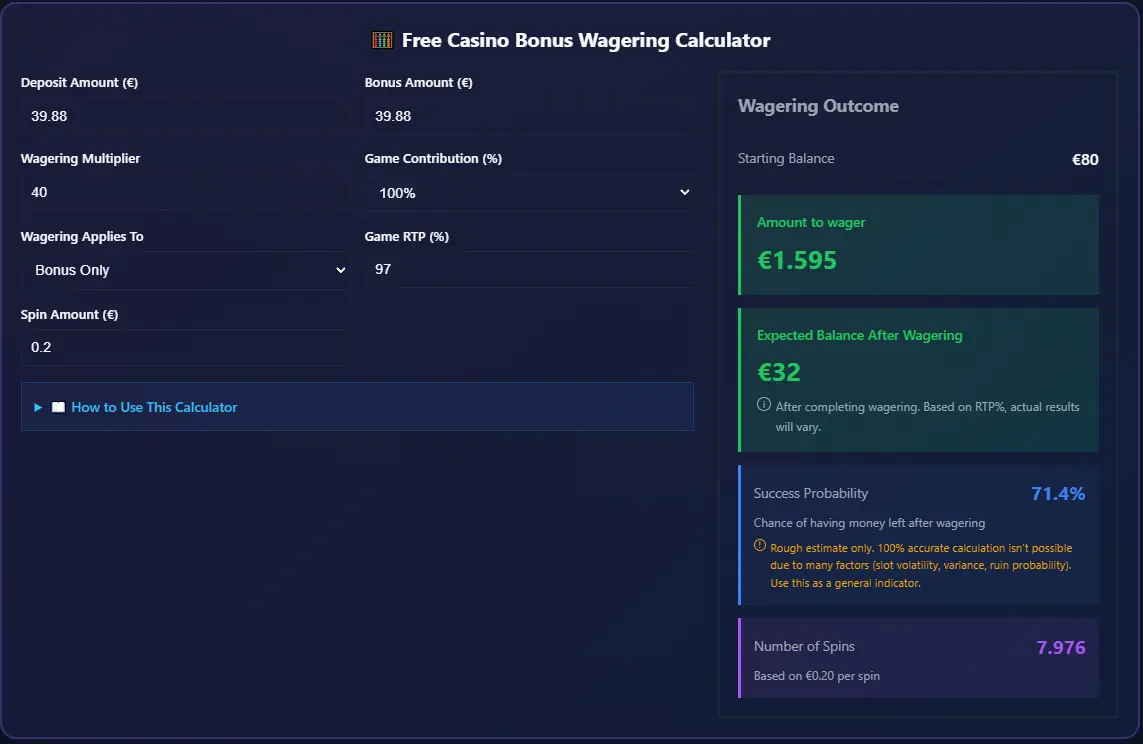Lolly Spins Casino welcome bonus in free wagering calculator showing €40 bonus with 40x requirement