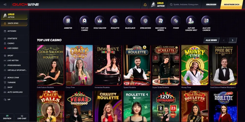 Quickwin Casino live casino lobby on desktop showing roulette, game shows and blackjack.