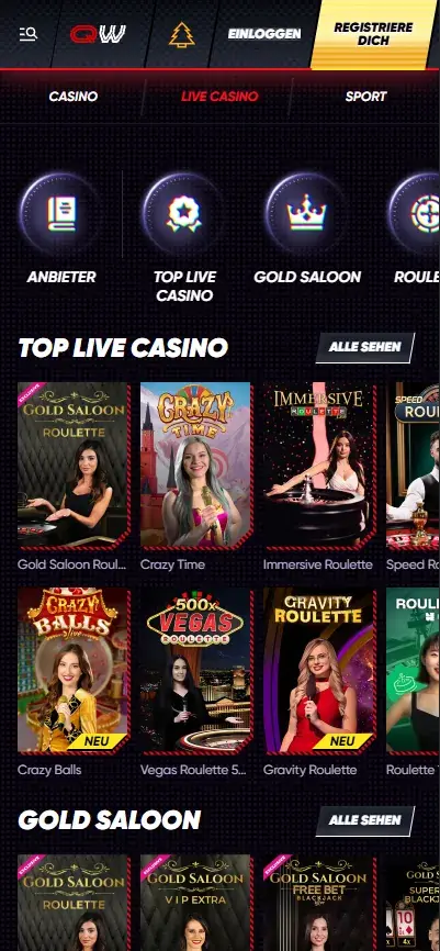 Mobile view of the Quickwin Casino live section with top roulette and game show titles.