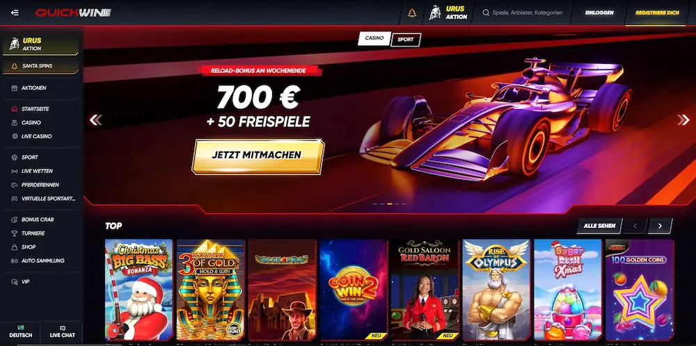 QuickWin Casino showing 4000+ games plus integrated sportsbook for German players