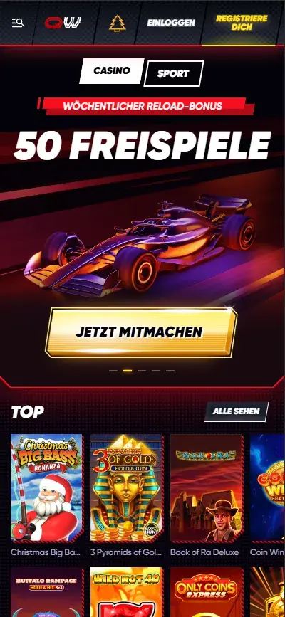 Mobile homepage of Quickwin Casino highlighting welcome bonus and popular slots