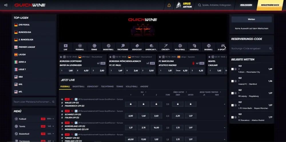 Quickwin sportsbook desktop interface featuring live football odds.