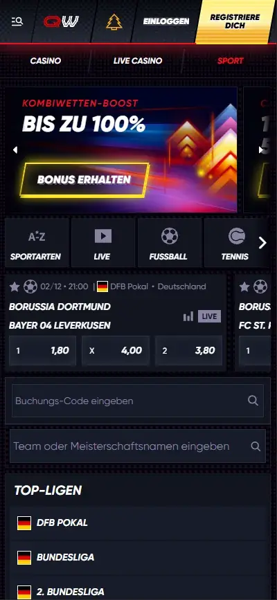 Mobile sports betting view of Quickwin Casino showing football matches and odds.