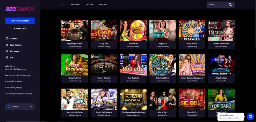 Rizz Casino desktop live casino lobby in German with game tiles like Lightning Roulette, Crazy Time and Mega Ball
