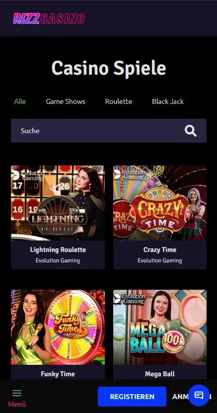 Rizz Casino mobile live casino view in German featuring Lightning Roulette, Crazy Time and other game shows