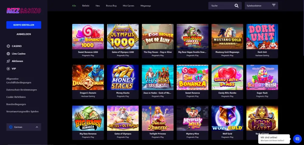 Rizz Casino showing 4000+ slots and crypto withdrawal options under Kahnawake license