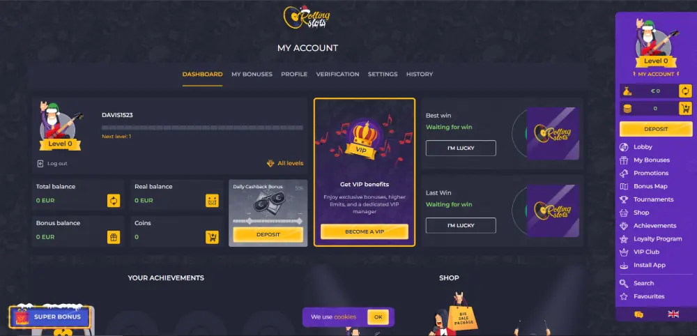 Desktop view of Rolling Slots Casino account dashboard