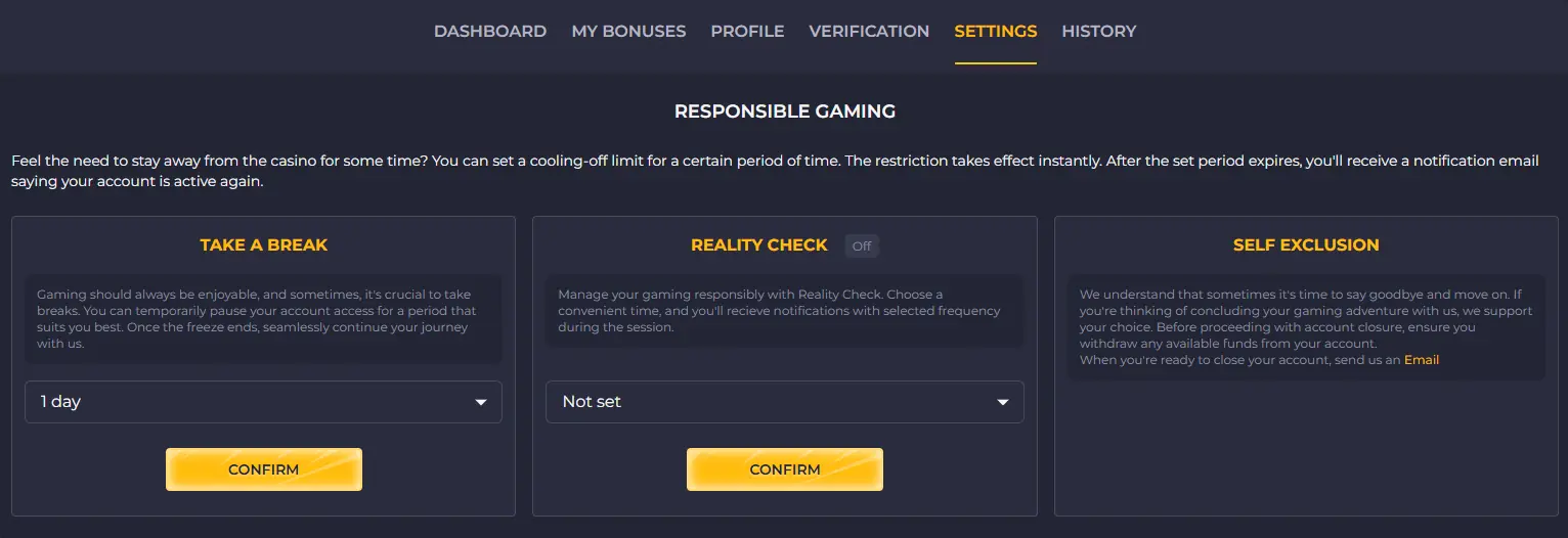 Rolling Slots Casino responsible gambling tools in account settings - tested January 2026