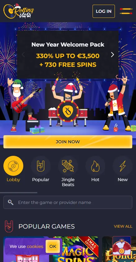 Rolling Slots Casino homepage displayed on mobile phone