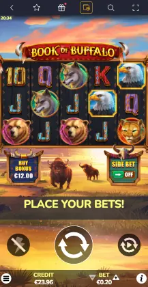 Rolling Slots Casino Book of Buffalo slot by Oryx Gaming showing highest RTP tested at 96.28%