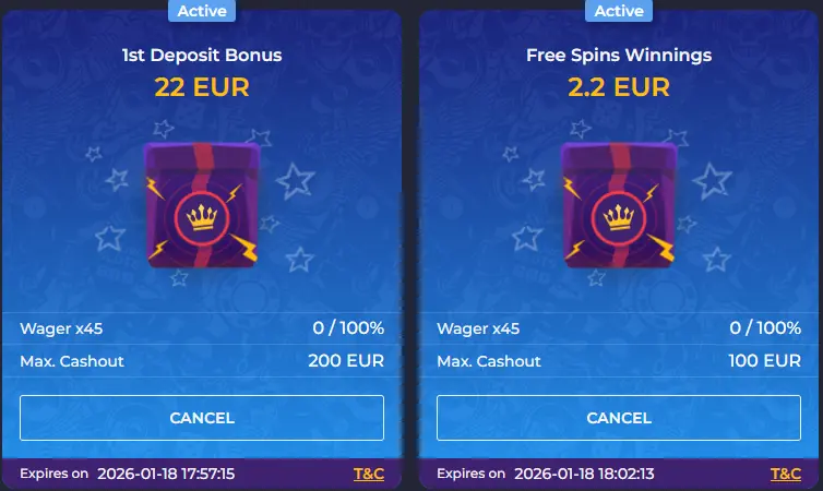 Rolling Slots Casino My Bonuses page showing active welcome bonus with wagering progress and max cashout details