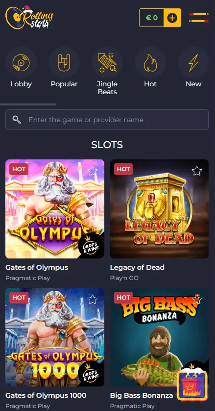 Rolling Slots Casino slots page shown on mobile interface