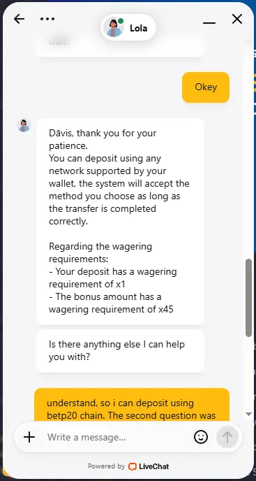 Rolling Slots Casino support agent explains how to make a deposit and what the wagering requirements are in January 2026.