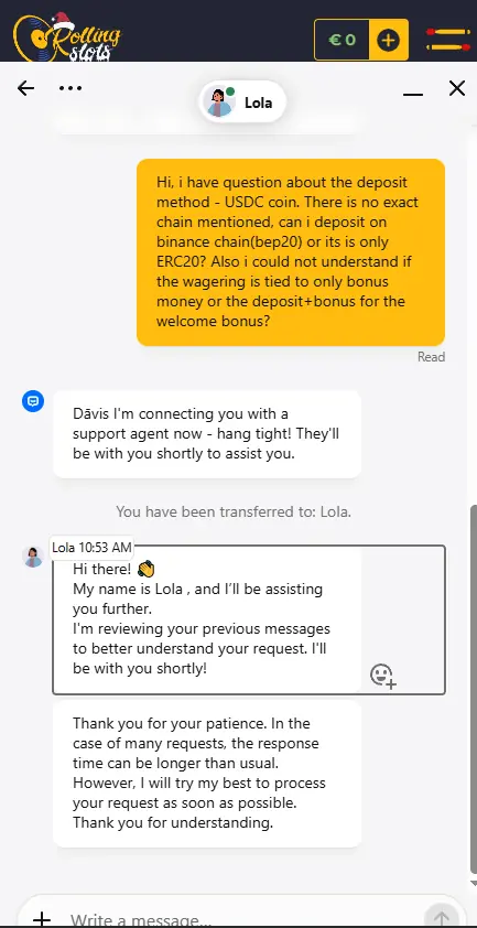 Live chat with Rolling Slots Casino shows our inquiry about USDC deposits and how much we need to bet.