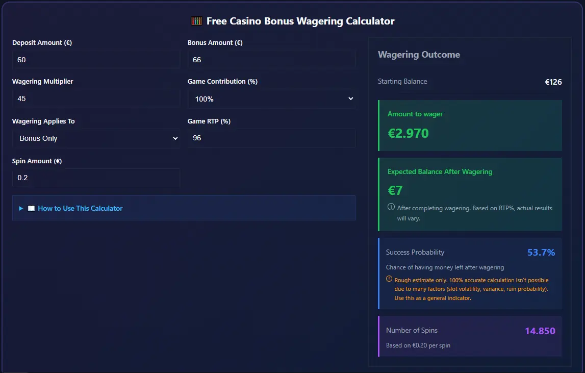 Rolling Slots Casino welcome bonus wagering calculator showing €22 bonus with 45x wagering requirement totaling €990