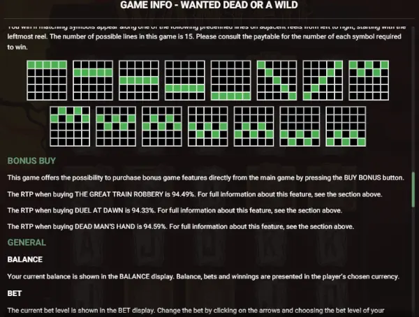 Wanted Dead or a Wild slot game showing 96.38% RTP at Rolling Slots Casino - January 2026