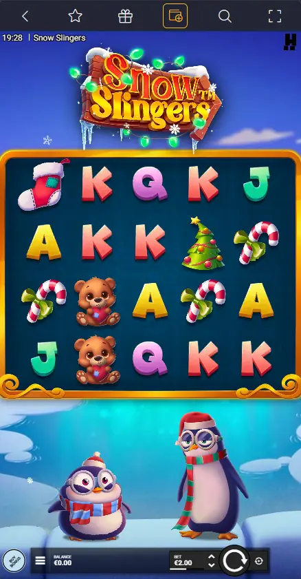 Rolling Slots Casino mobile gameplay on iPhone showing Snow Slingers slot game