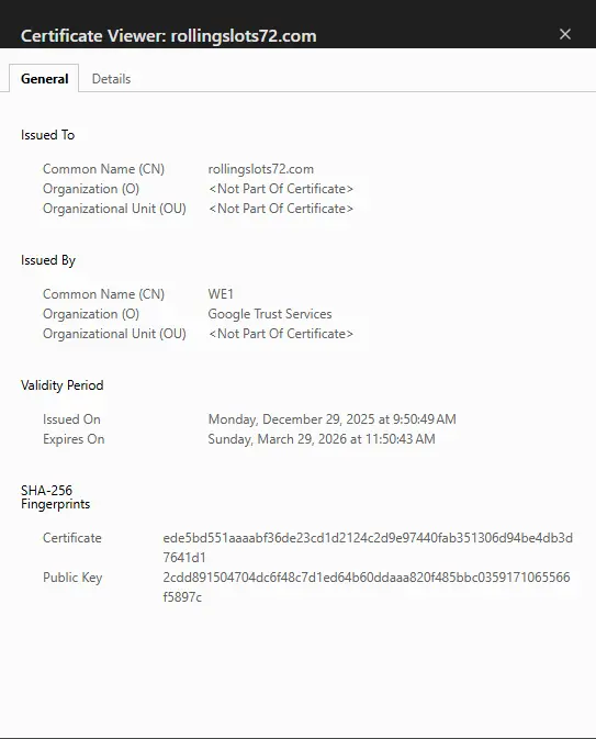 Rolling Slots Casino SSL certificate issued by Google Trust Services - verified January 2026