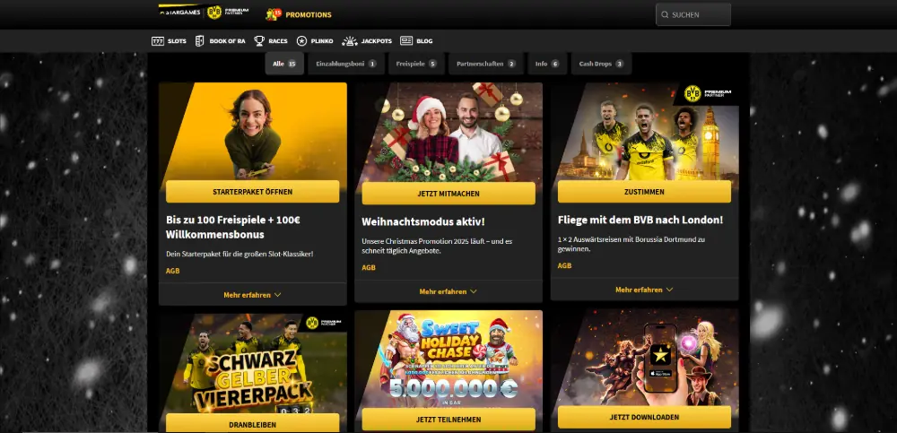 StarGames desktop promotions page showing multiple promo tiles including welcome offer, seasonal campaign, and BVB-related promotion