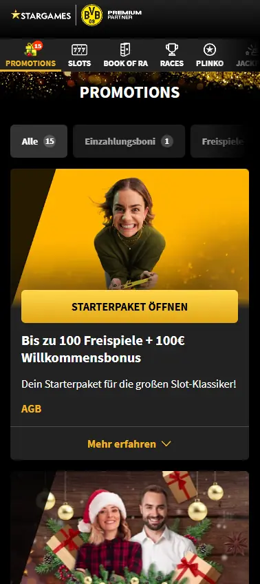 StarGames mobile promotions screen highlighting the welcome starter package: up to 100 free spins and €100 bonus