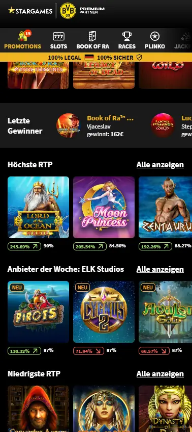 StarGames mobile lobby showing RTP sections (highest/lowest) and featured game tiles with provider highlights