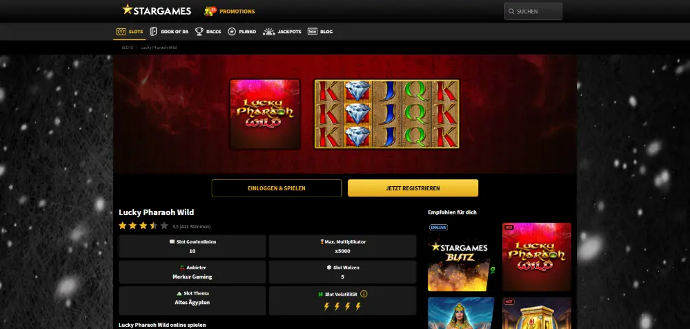 StarGames desktop game page for ‘Lucky Pharaoh Wild’ slot with login and register buttons, game stats, and recommended slots