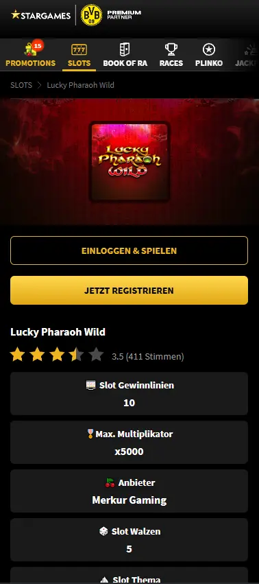StarGames mobile game page for ‘Lucky Pharaoh Wild’ slot with login/register buttons and game details like paylines and max multiplier