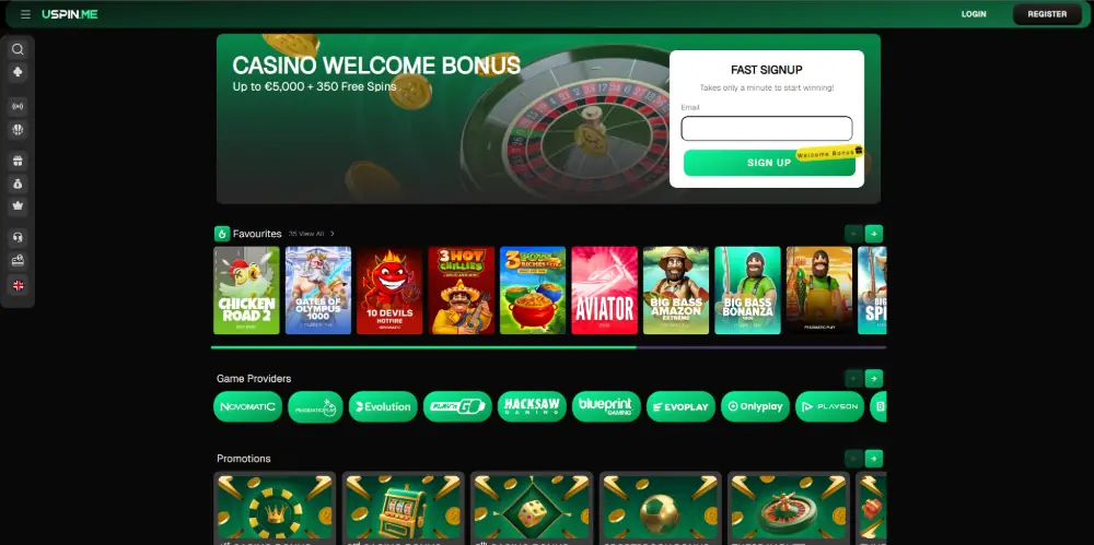 USpin Casino lobby on desktop