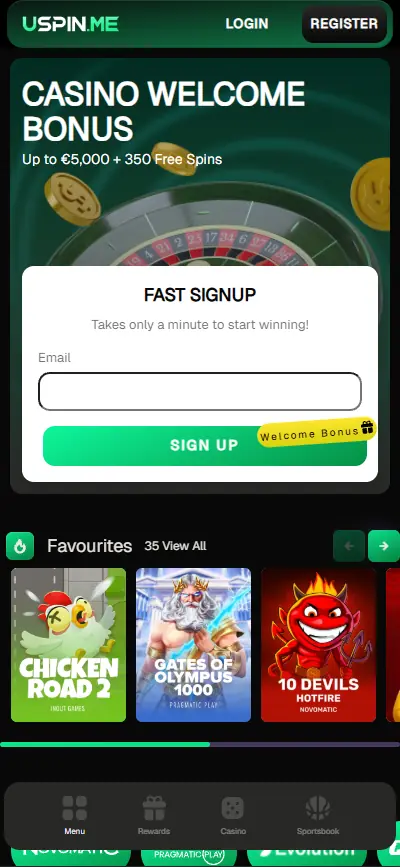 USpin Casino lobby displayed on mobile phone