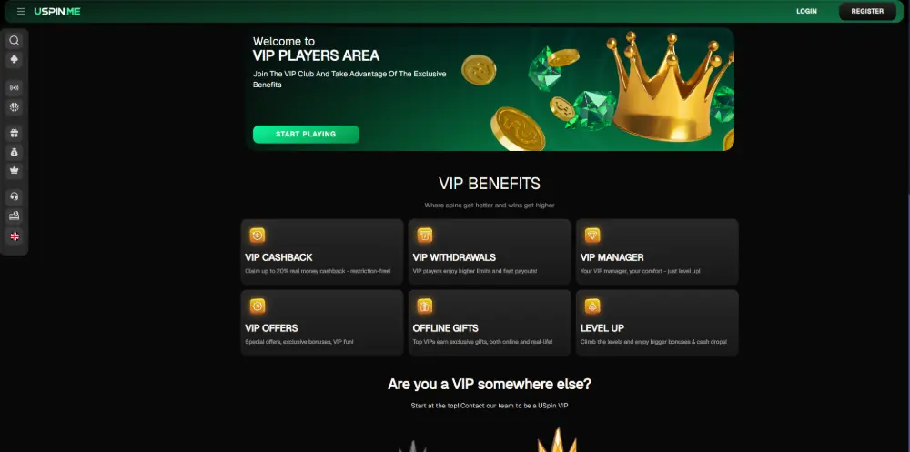 Desktop view of USpin Casino VIP players area