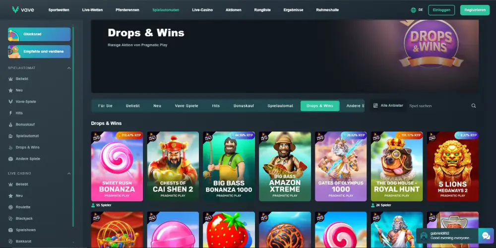 Vave Casino desktop view for drops and wins viewed from German ip