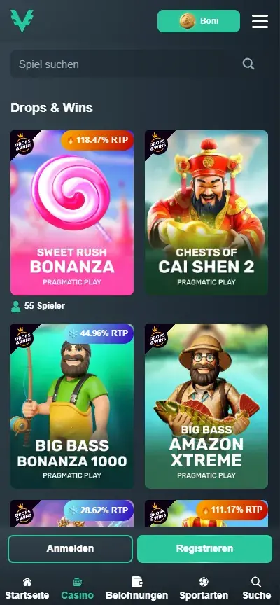 Vave Casino mobile Drops & Wins view showing Pragmatic Play slots and live player counts for German users