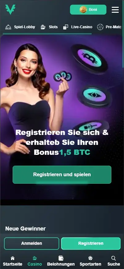 Vave Casino mobile homepage in German showing 1.5 BTC welcome bonus and new winners