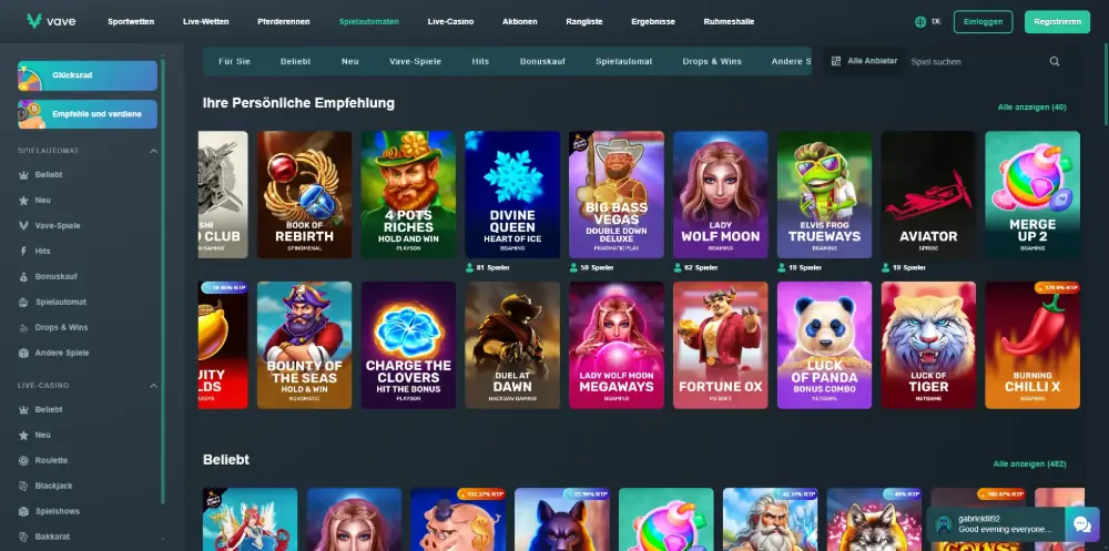 Vave Casino slot recommendations for German players with popular titles like Book of Rebirth and Big Bass Vegas on desktop
