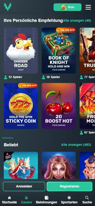Vave Casino mobile slot suggestions for German users featuring high RTP games and trending titles