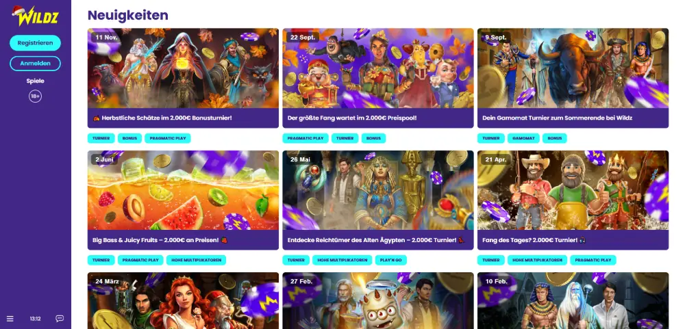 Wildz Casino desktop promotions page with bonus tournaments