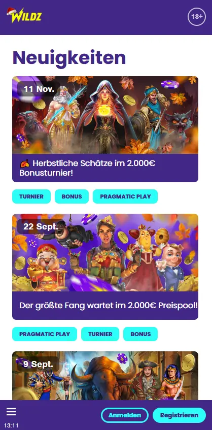 Wildz Casino mobile promotions feed with tournaments and bonuses