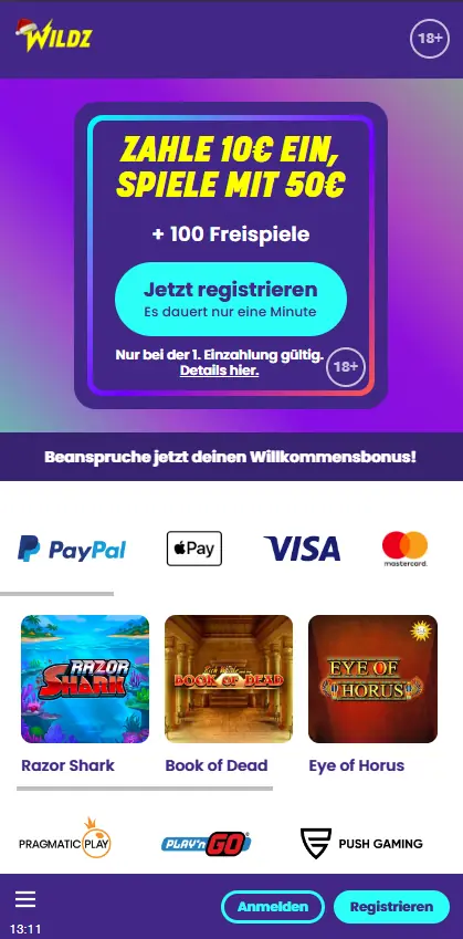 Wildz Casino Germany mobile lobby showing slots and welcome offer