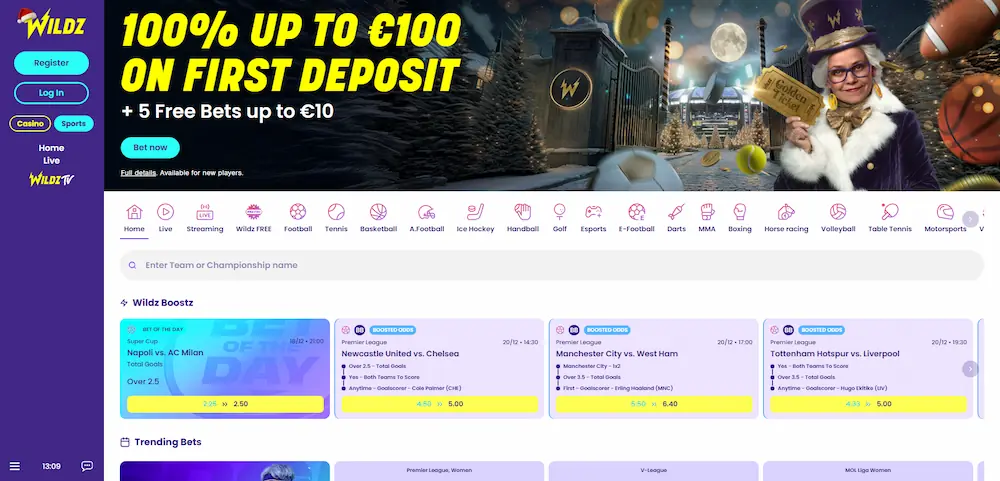 Wildz Casino desktop sportsbook homepage with betting categories
