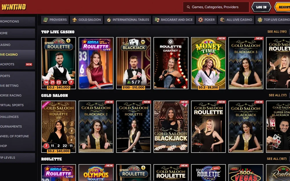 Wintino Casino live casino section with Gold Saloon tables on desktop
