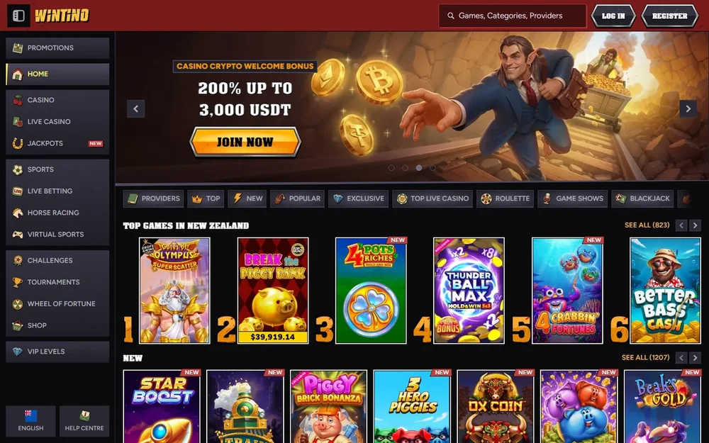 Wintino Casino homepage lobby on desktop