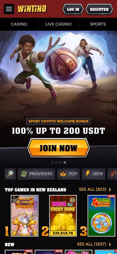 Wintino Casino lobby displayed on mobile phone